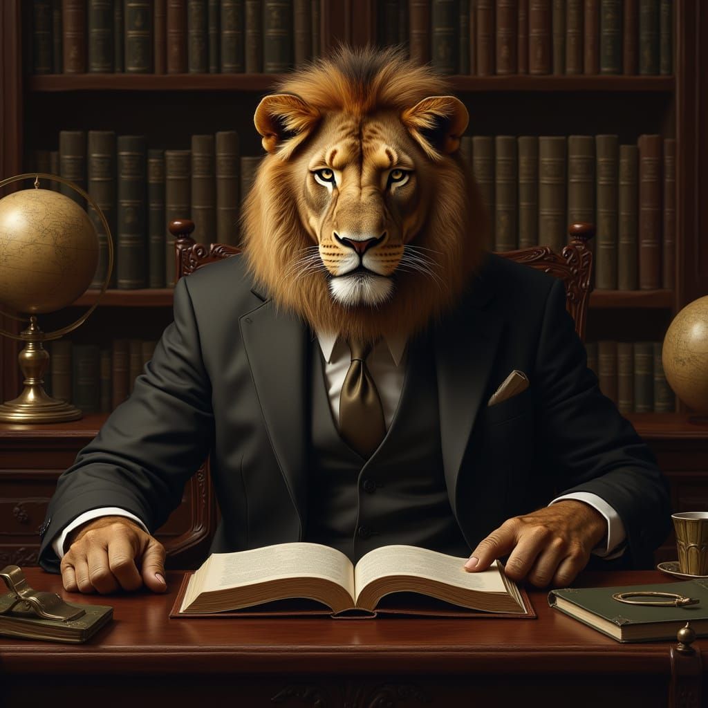Lion in Suit Reading Book: Rembrandt and Caravaggio Style