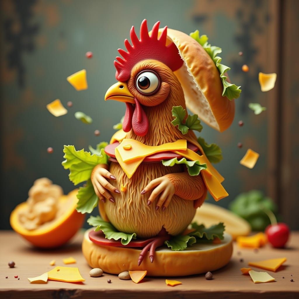 Photorealistic Chicken Dressed as a Burger in Studio Light
