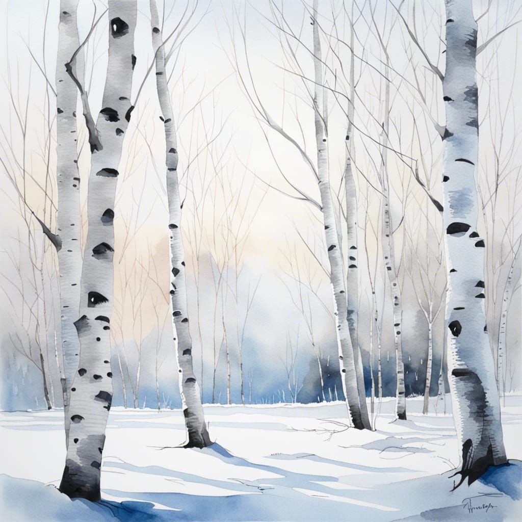 Watercolor Winter Landscape with Birch Trees