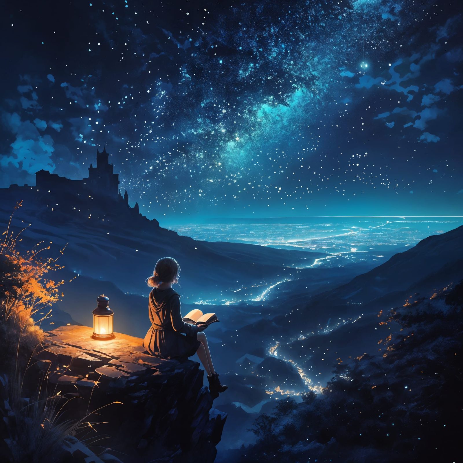Fantasy Girl Reads Under Magic Night Sky