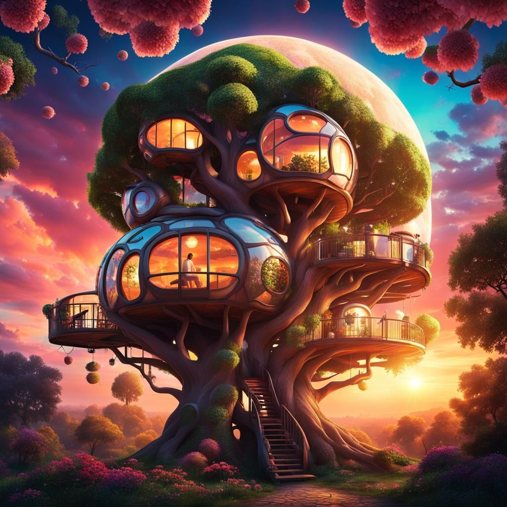 Futuristic Treehouse in Round Shapes at Sunset