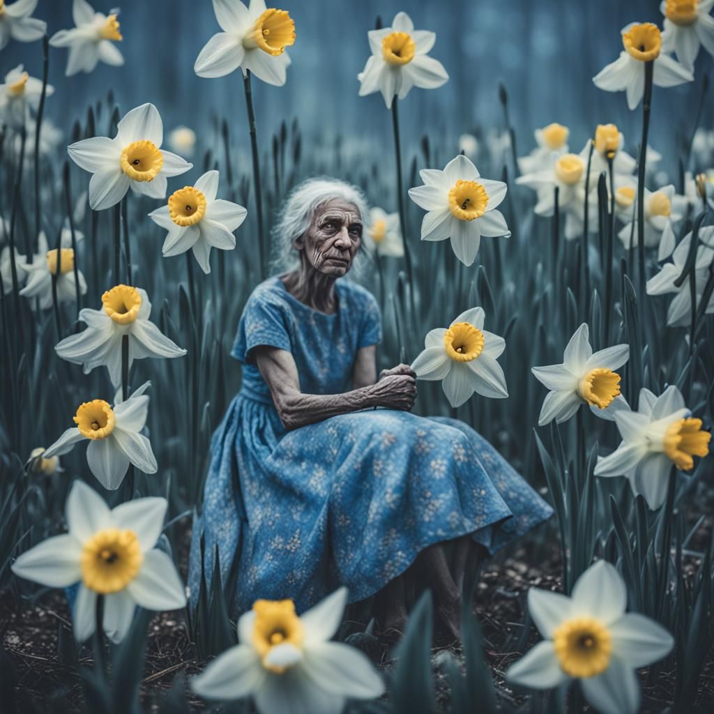 Tranquil Monster Woman Portrait in Blue Dress