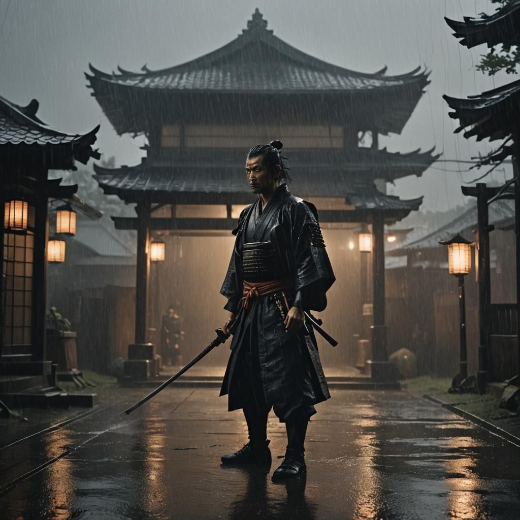 A samurai standing in the rain, his katana dripping, while t...