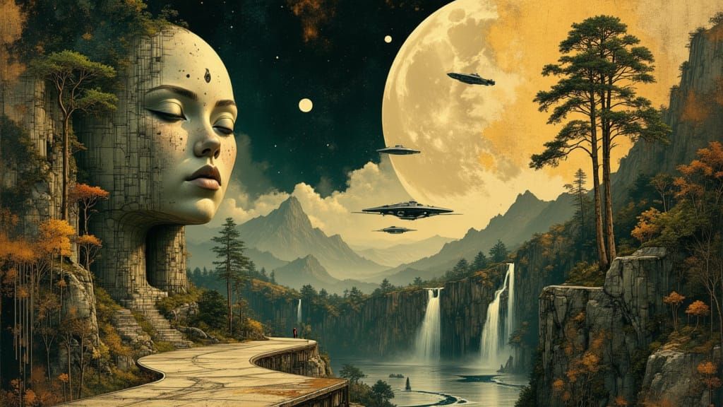 Gritty Noir Jungle Planet with Stone Face and Waterfalls