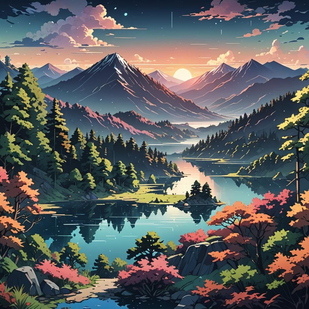 Anime Landscape of Pixelated Mountains in Manga Art