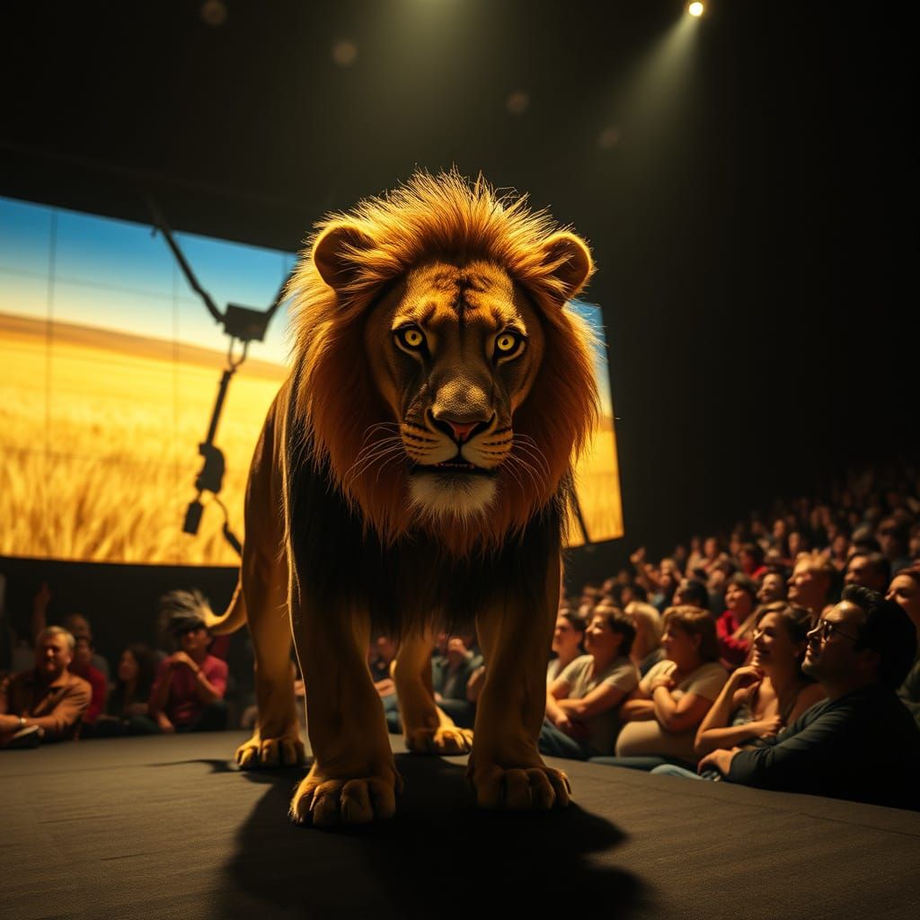 Lion Emerges from Cinema Screen in Hyperrealistic Detail