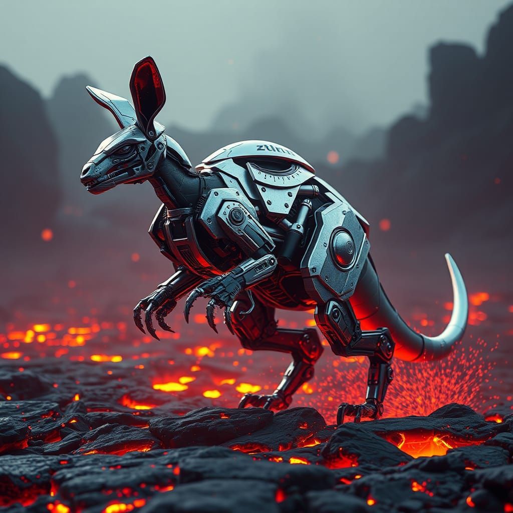 Mecha Kangaroo Falls into Lava: Sci-Fi Rendering