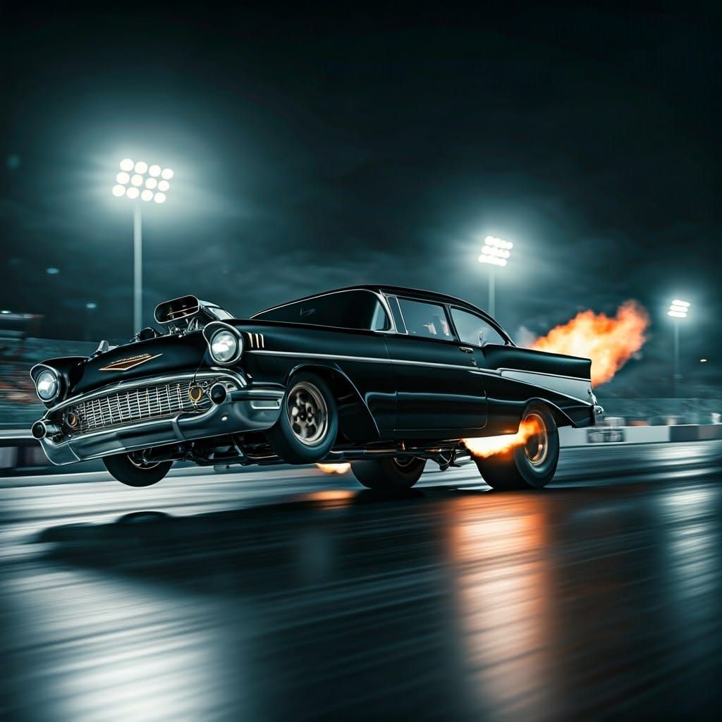 Shiny Black 1957 Chevy Pro-Mod Drag Racer Performs Daring Wh...
