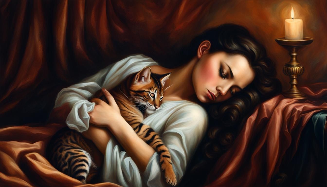 Woman Holding Sleeping Kitten in Renaissance Style