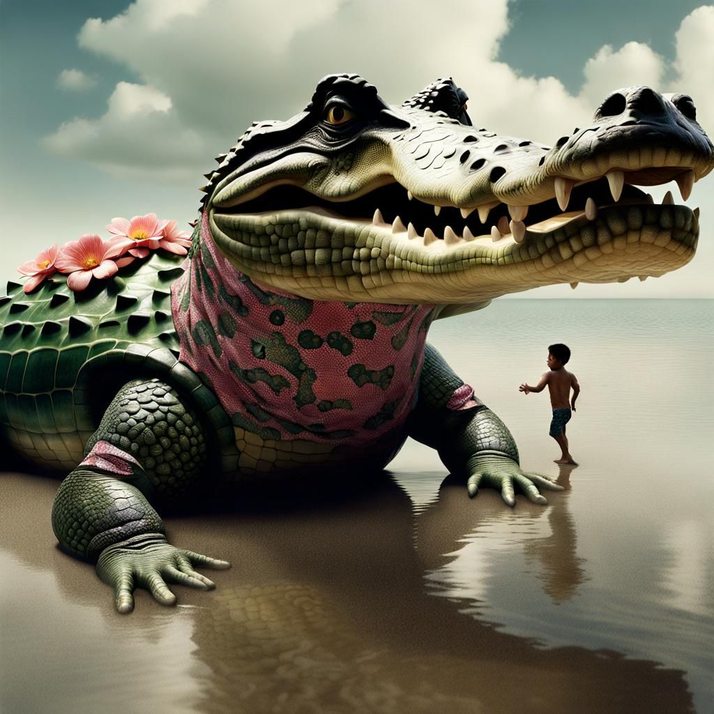 Man Swims Away From Crocodile: Photorealistic Image
