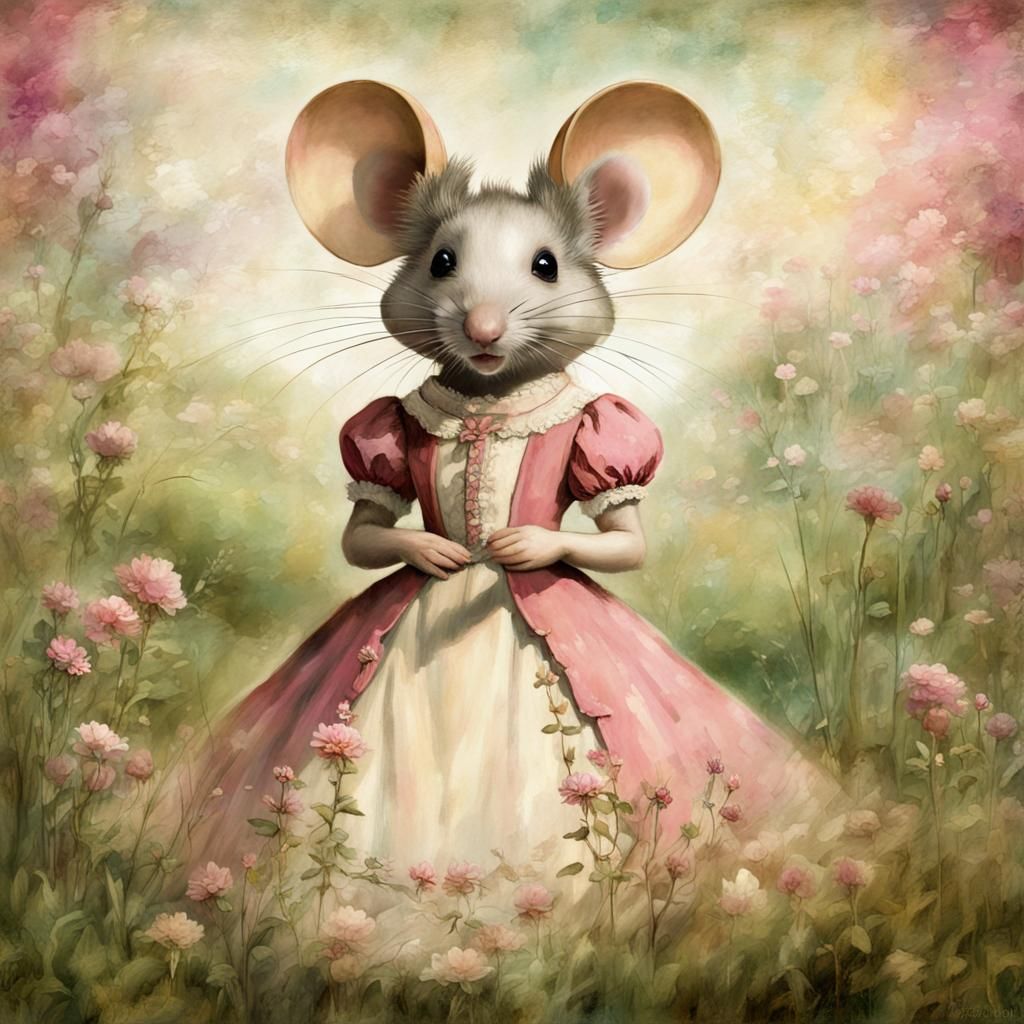 Vintage Mouse in Dress on Tea Stained Paper