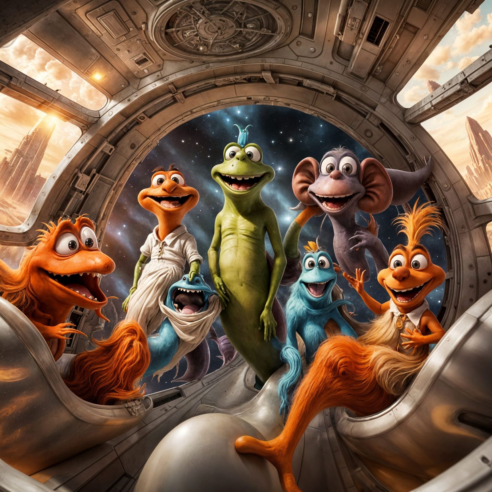 Cartoon Characters Blast Off in Surreal Spaceship