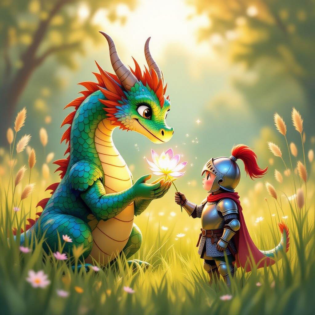 Whimsical Dragon Gifts Magic Flower to Knight in Meadow