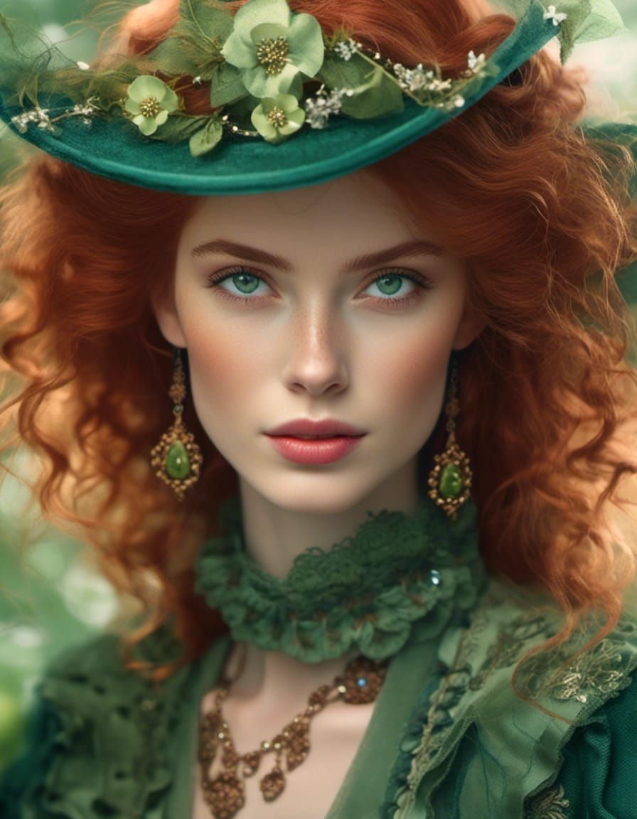 Charming Red Hair Woman Portrait with Green Eyes