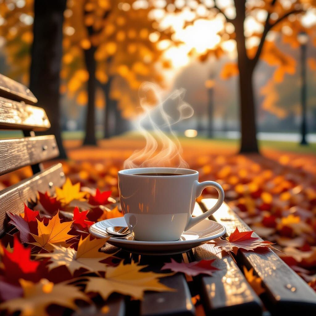 Steaming Coffee Mug on Autumn Park Bench