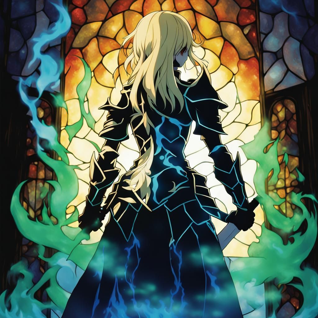 Warrior Girl Silhouette with Stained Glass Portal