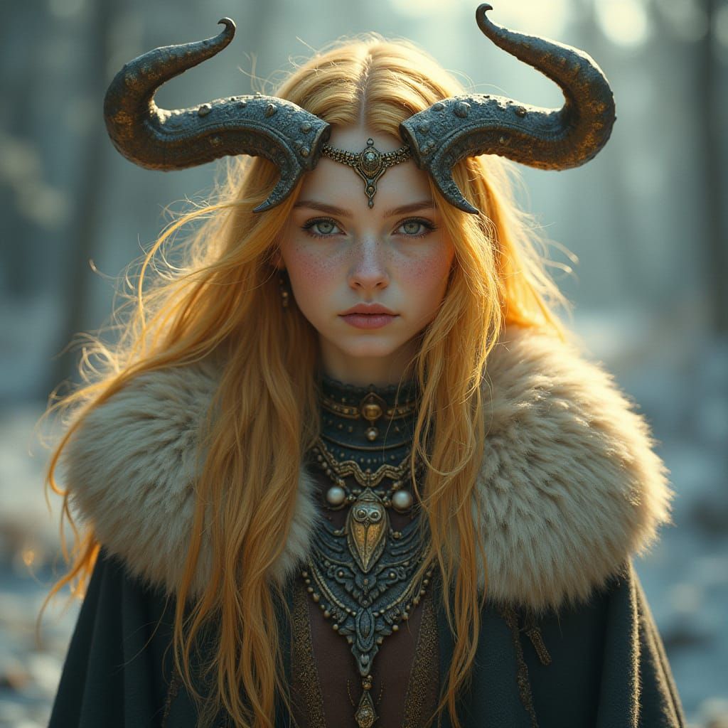 Ethereal Nordic Goddess with Horns and Bronze Accents