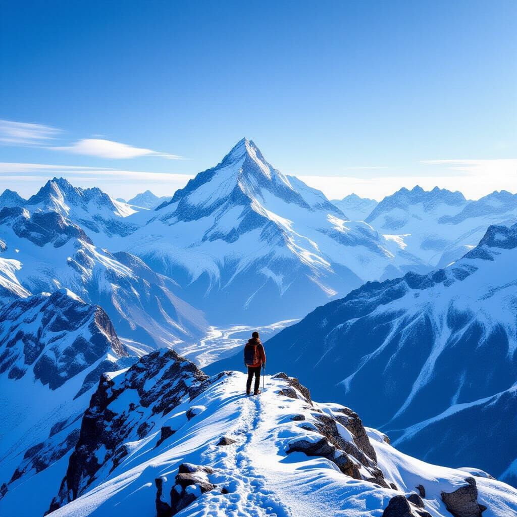 Lone Hiker on Ridge Overlooking Majestic Swiss Alps