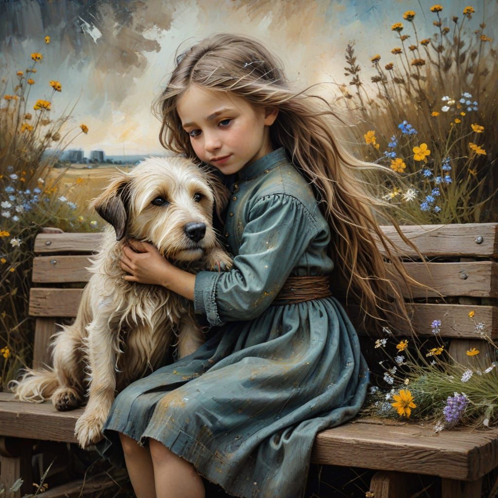Girl Hugging Dog as Whimsical Oil Painting