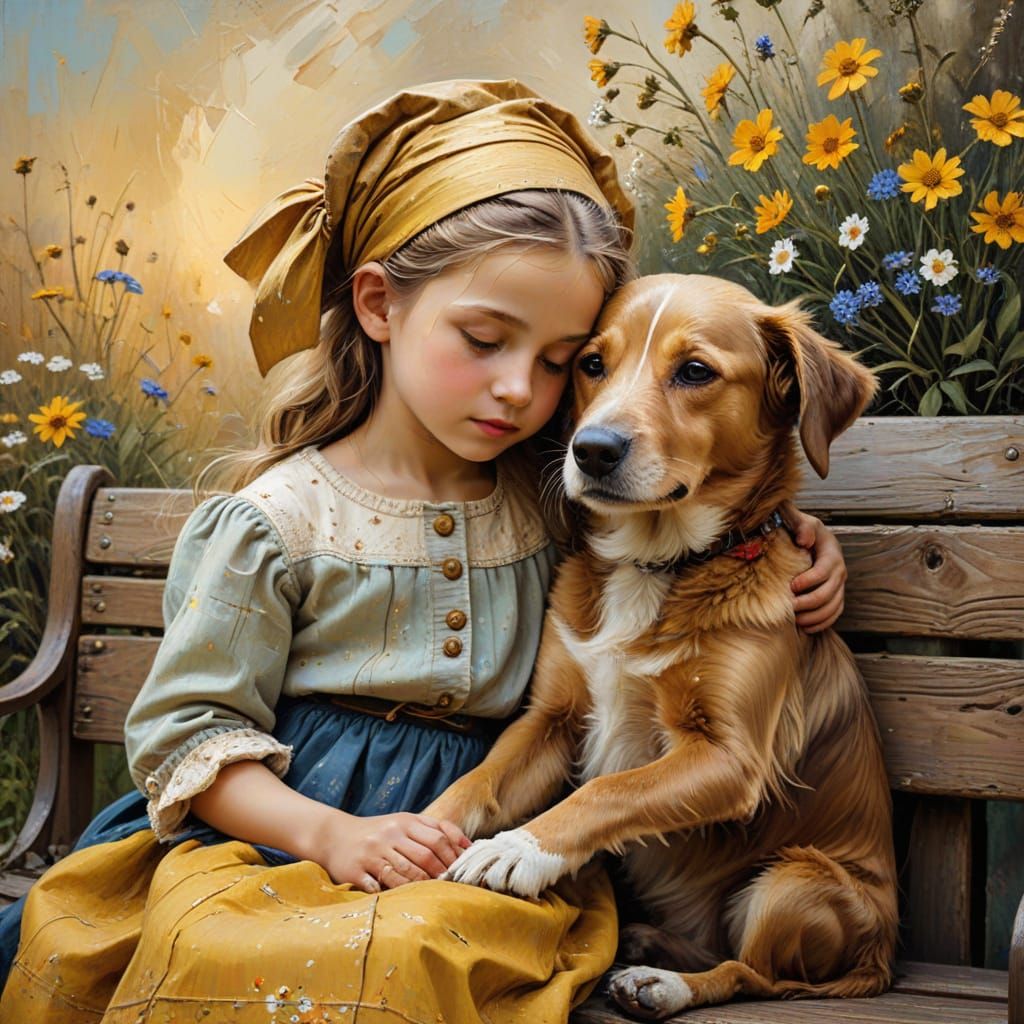 Girl Hugging Dog: An Impressionist Oil Painting