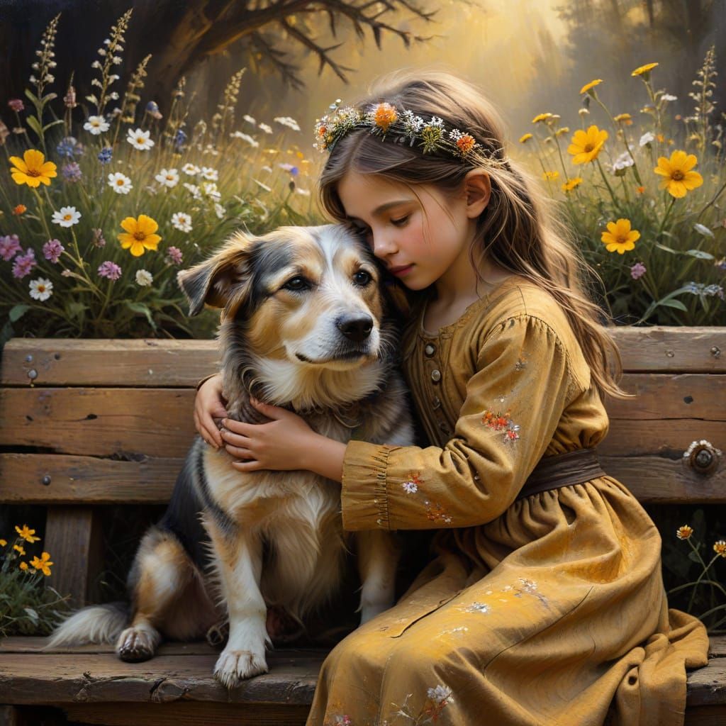 Girl Hugging Dog in Impressionist Oil Painting