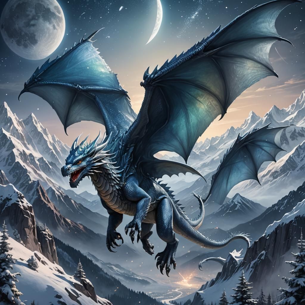 Blue-Gray Dragon Flies Over Snowy Mountains