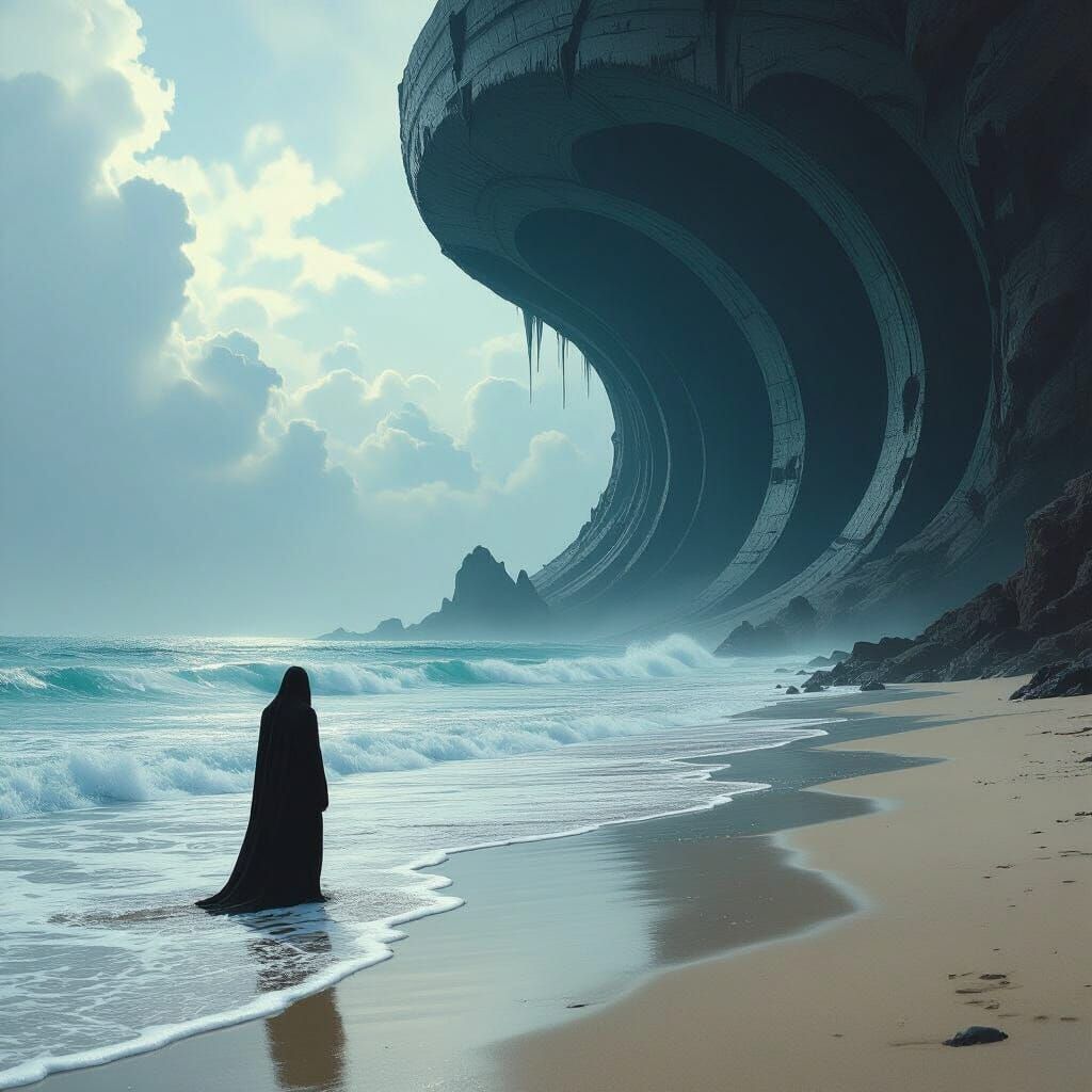 Dreamlike Figure at Ocean's Edge in Dark Surrealist Style