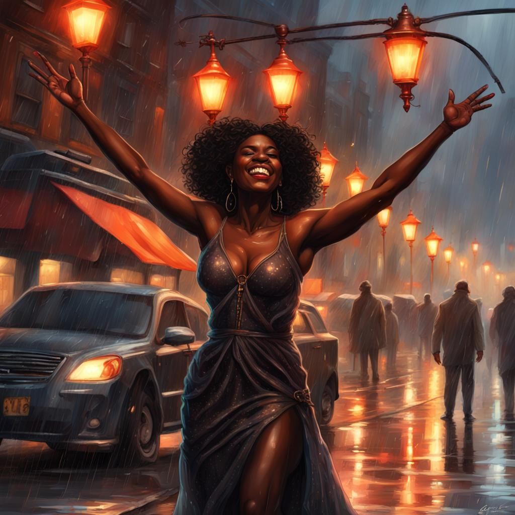 Triumphant Woman in Rainy Street: Dark Fantasy Art