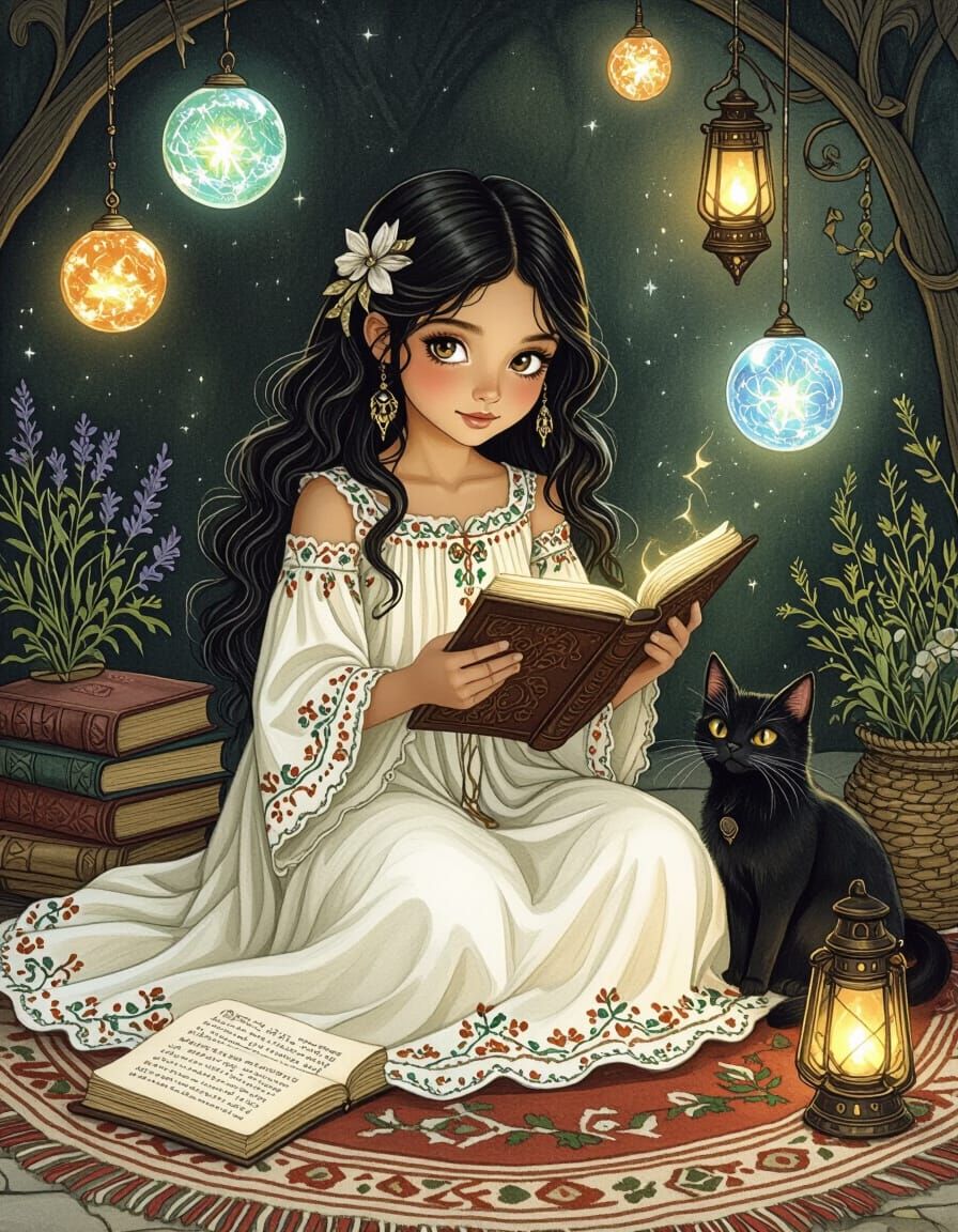 Hispanic Witch Girl & Cat Reading Spellbooks in Cozy Cottage