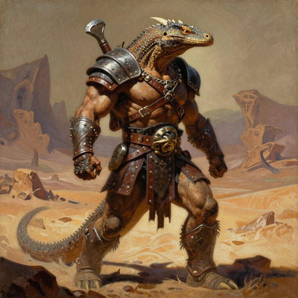 Gorn Warrior in Alien Desert Oil Painting