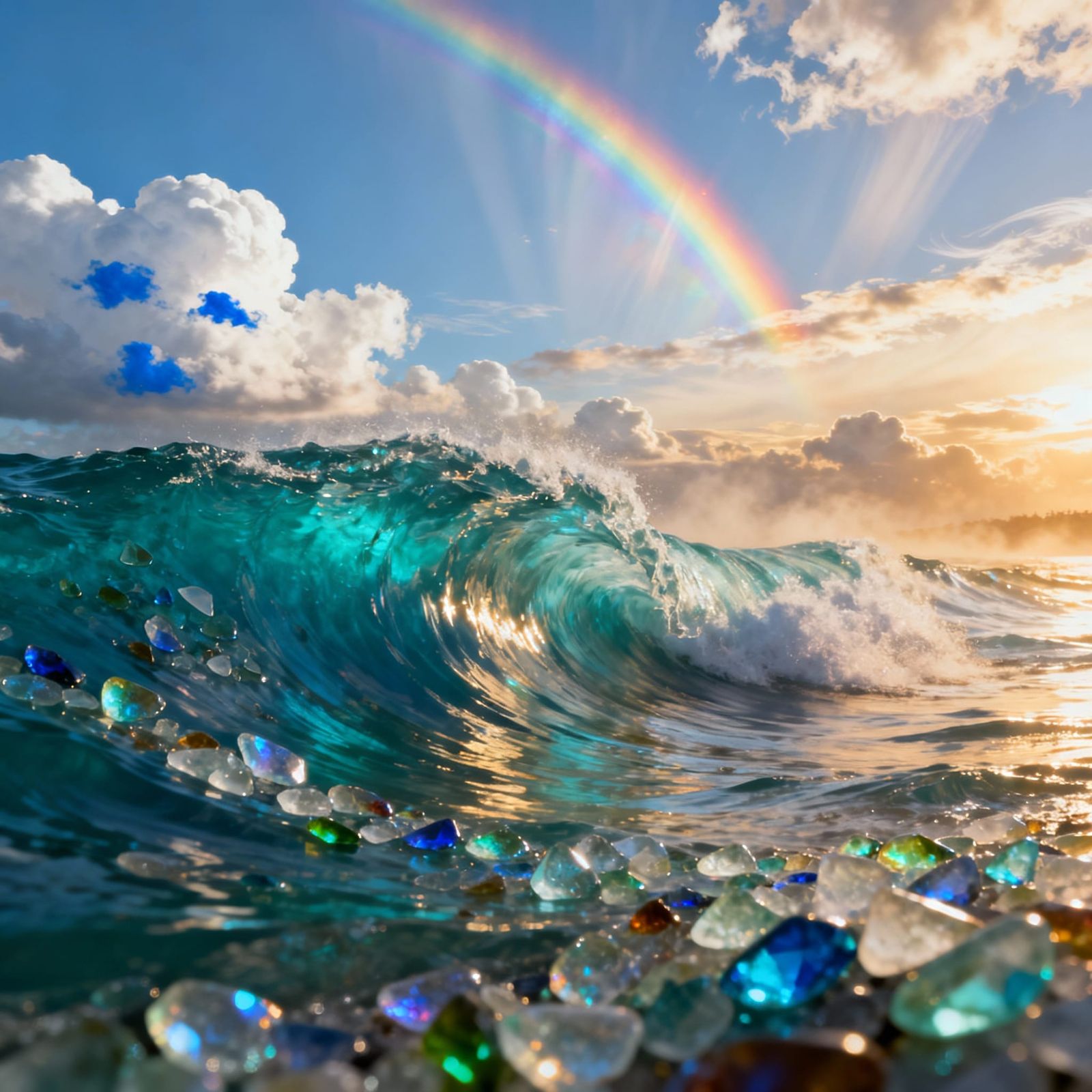 Seaglass Ocean Scene With Rainbow and Clouds