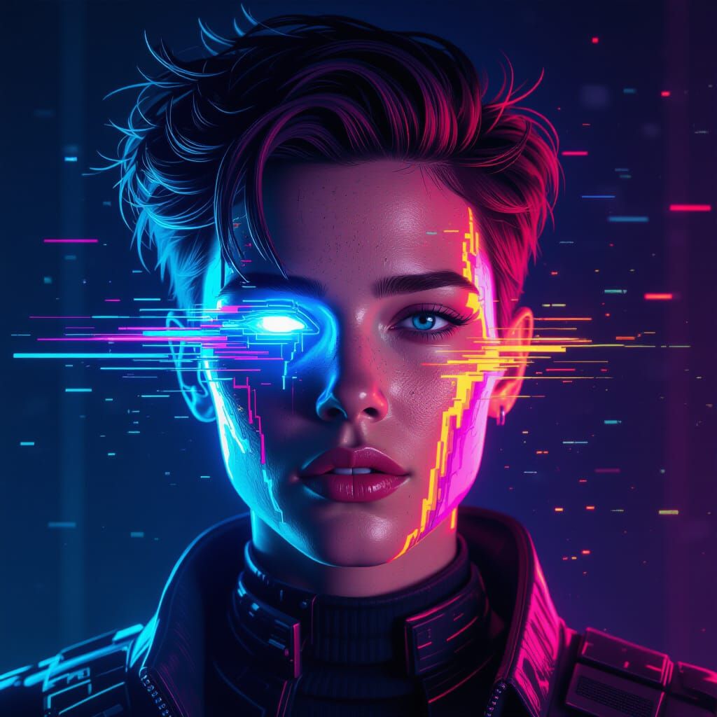 Futuristic Portrait: Face Melting into Digital Static