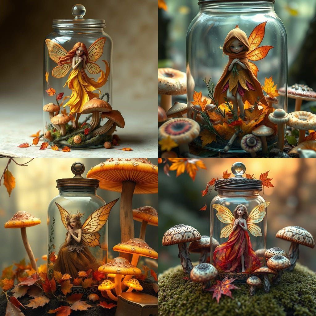 Autumn Fairy in Enchanted Jar with Whimsical Mushroom Surrou...