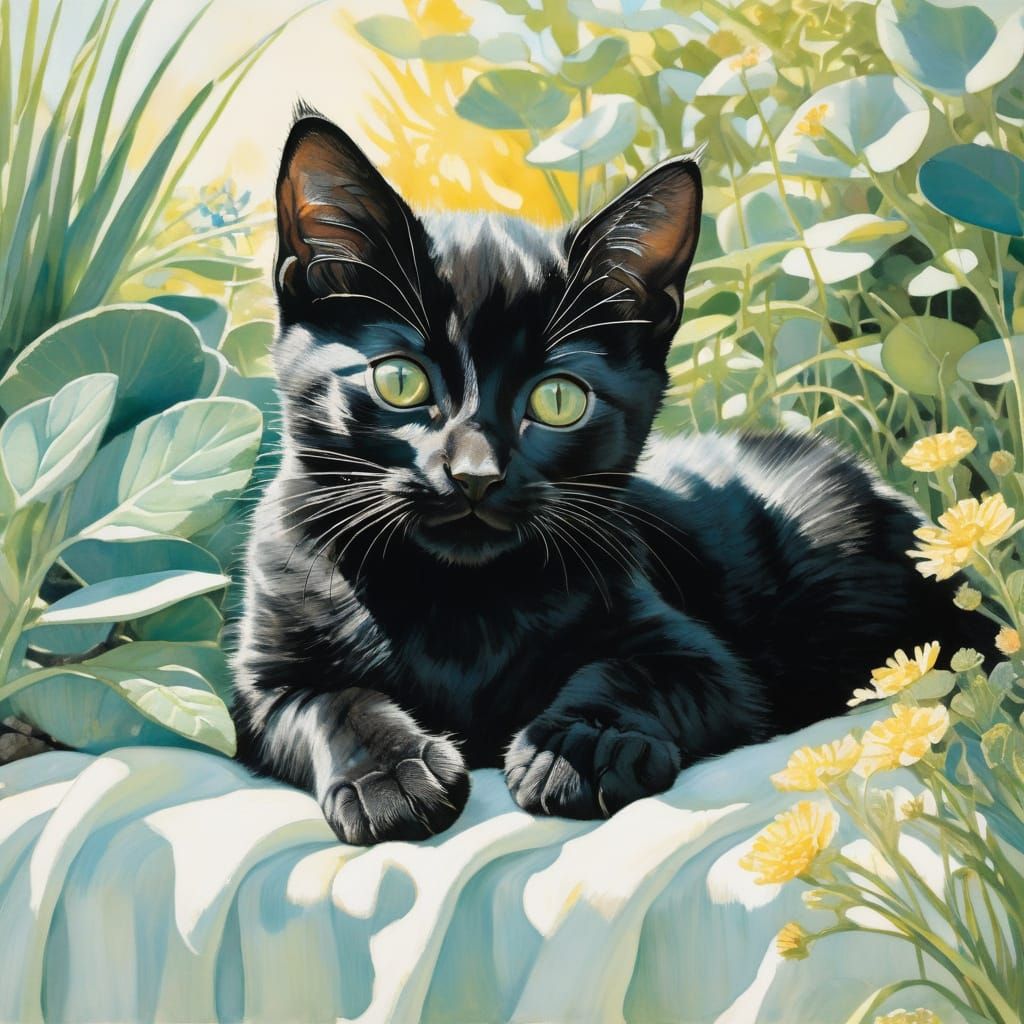 Whimsical Kitten Basks in Garden Sunshine