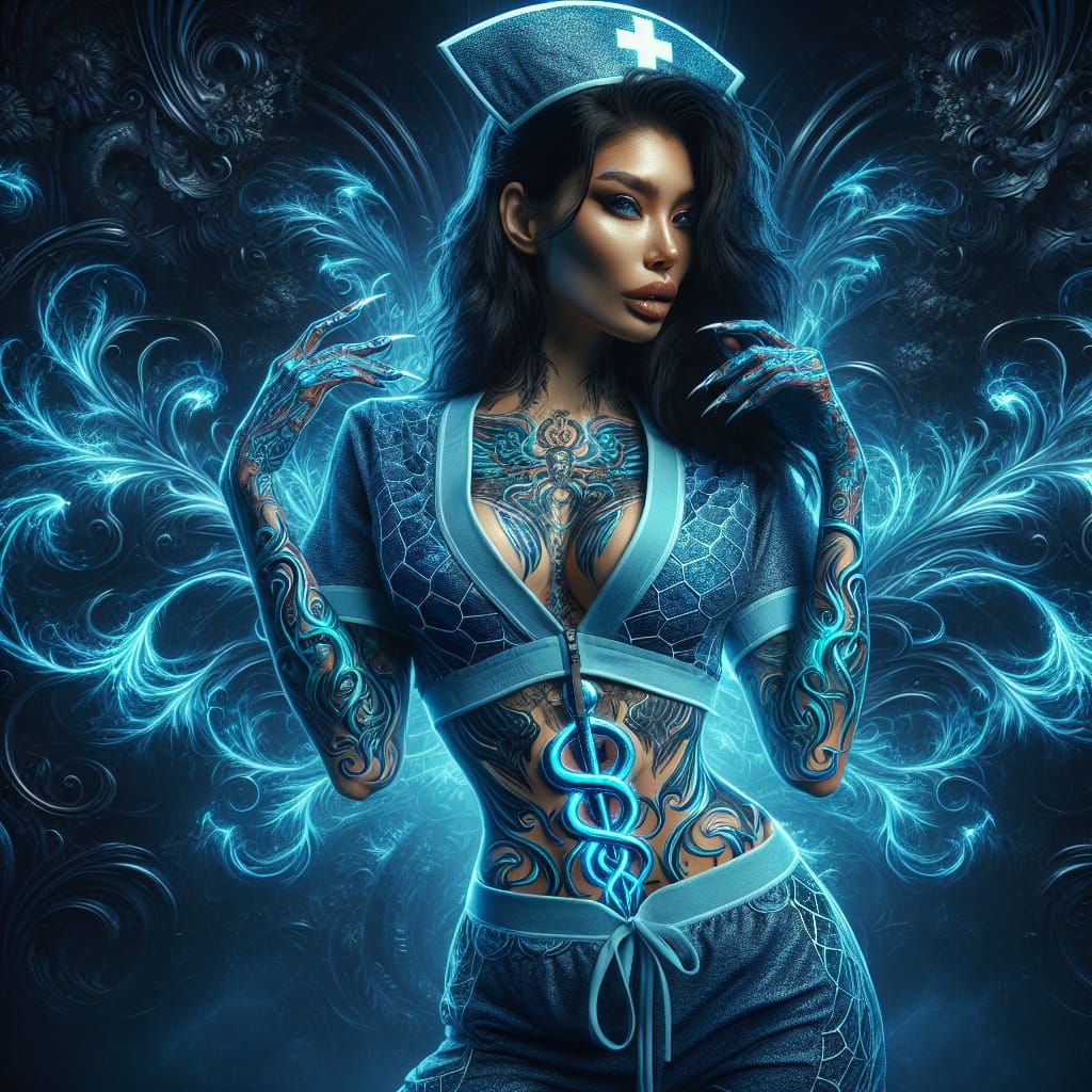 Gothic Nurse in Azure Spider Web Scrubs, Ethereal Glow
