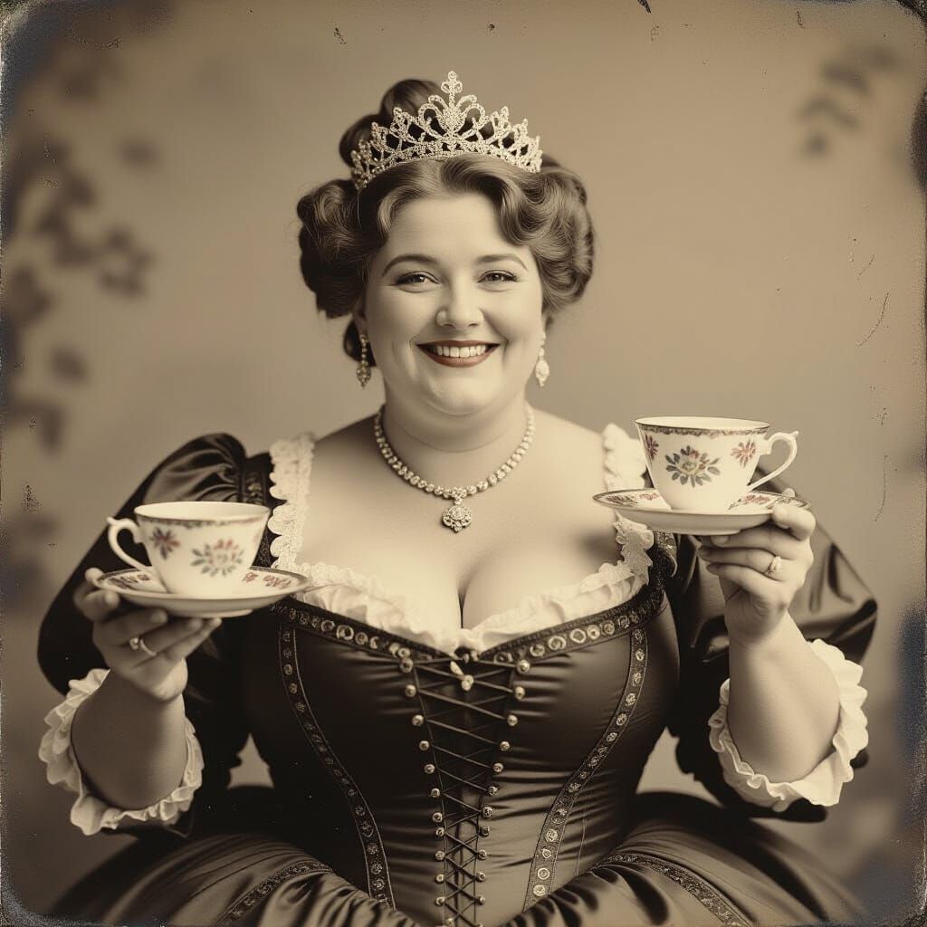 Victorian Woman Balances Tea on Bust in Tintype Style