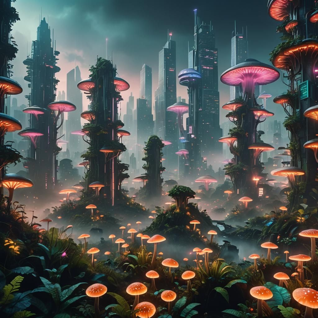 Futuristic City in Misty Forest: Vibrant Film Grain