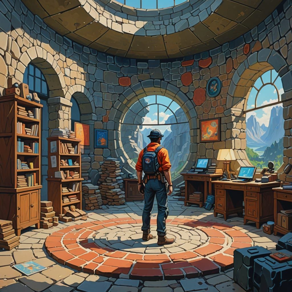 Video Game Character in Stone Office, Gouache Style