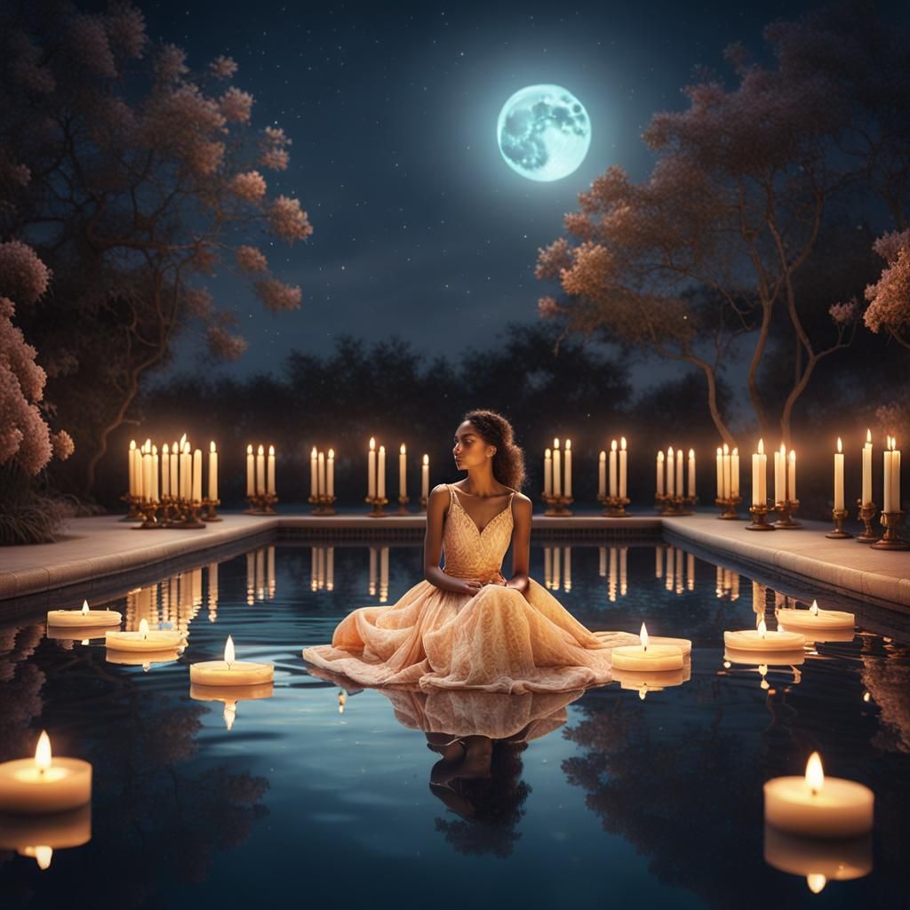Romantic Moonlit Pool with Floating Candles