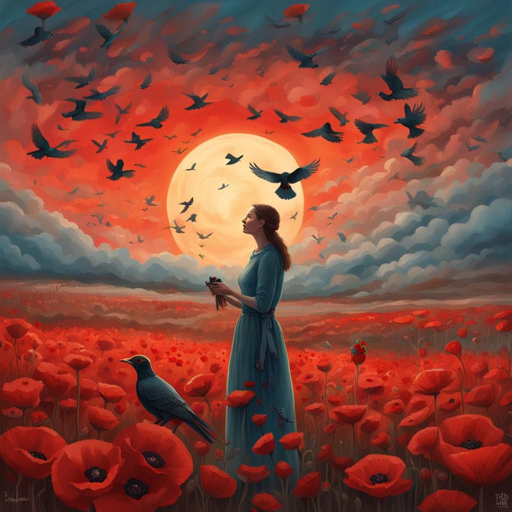 Woman with Cuckoo Bird in Poppy Field
