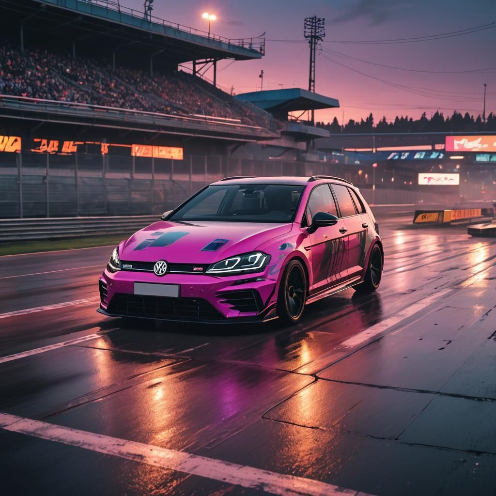 Cyberpunk VW Golf 7R Racing at Dusk