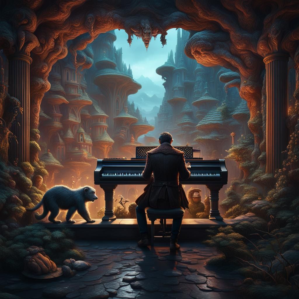 Accordionist and Monkey Detailed Digital Painting