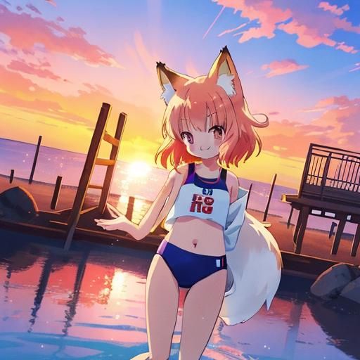 Anime Fox Girl in Swimsuit at Sunset