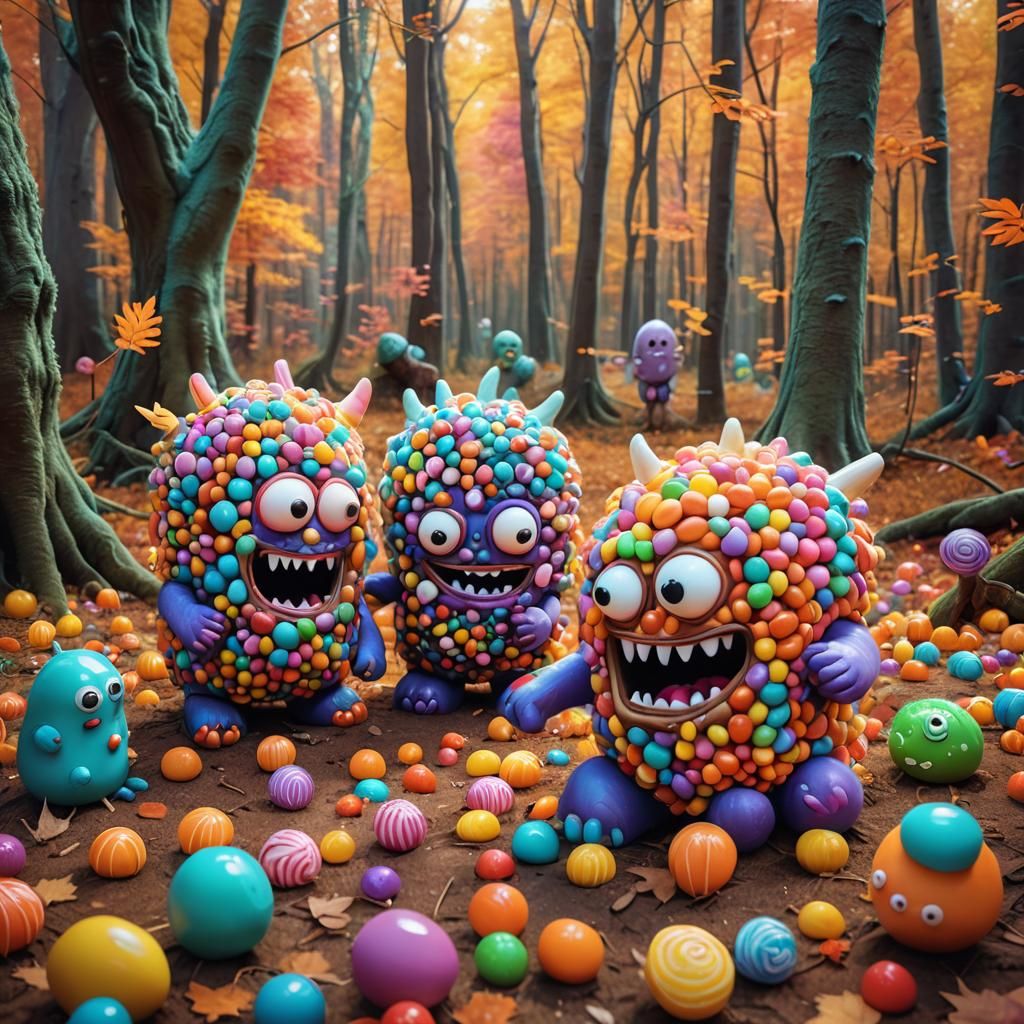Candy Monsters Play Hide and Seek in Autumn Forest