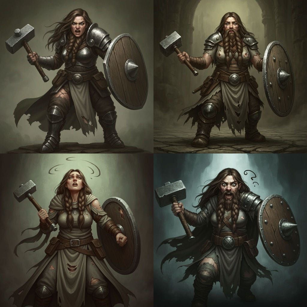 Dwarf Cleric in Torn Robes, Hammer and Shield