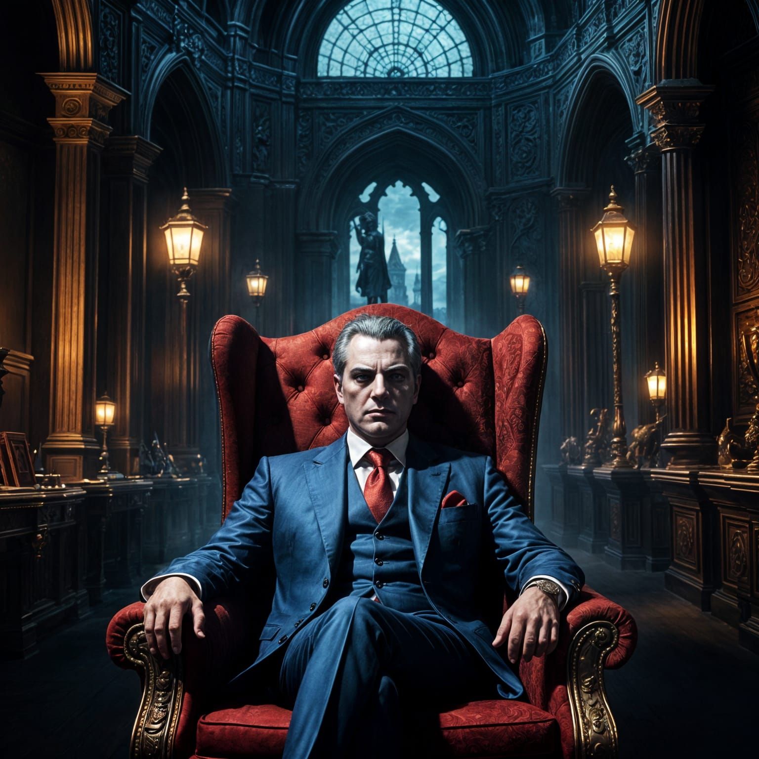Regal Mafia Boss in a Gothic Cityscape
