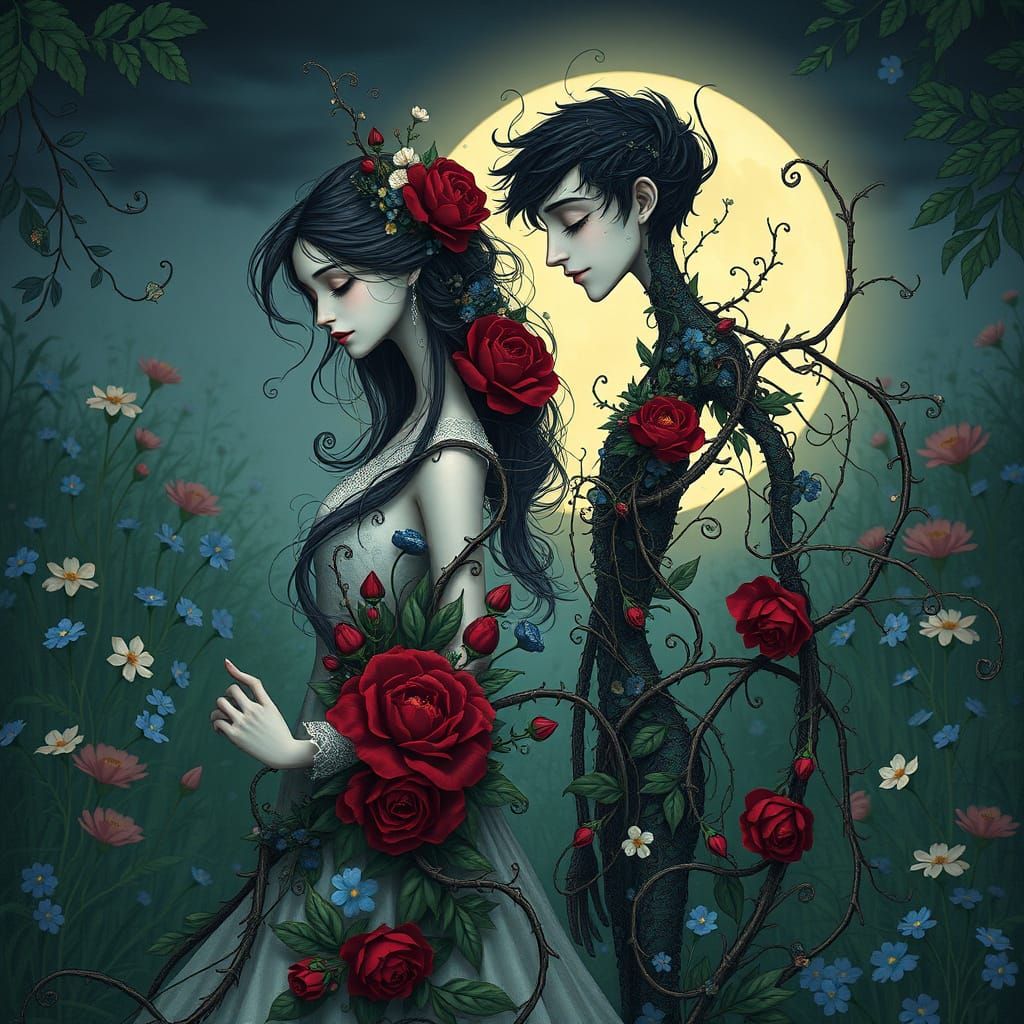 Floral Goth Lovers in a Moonlit Garden