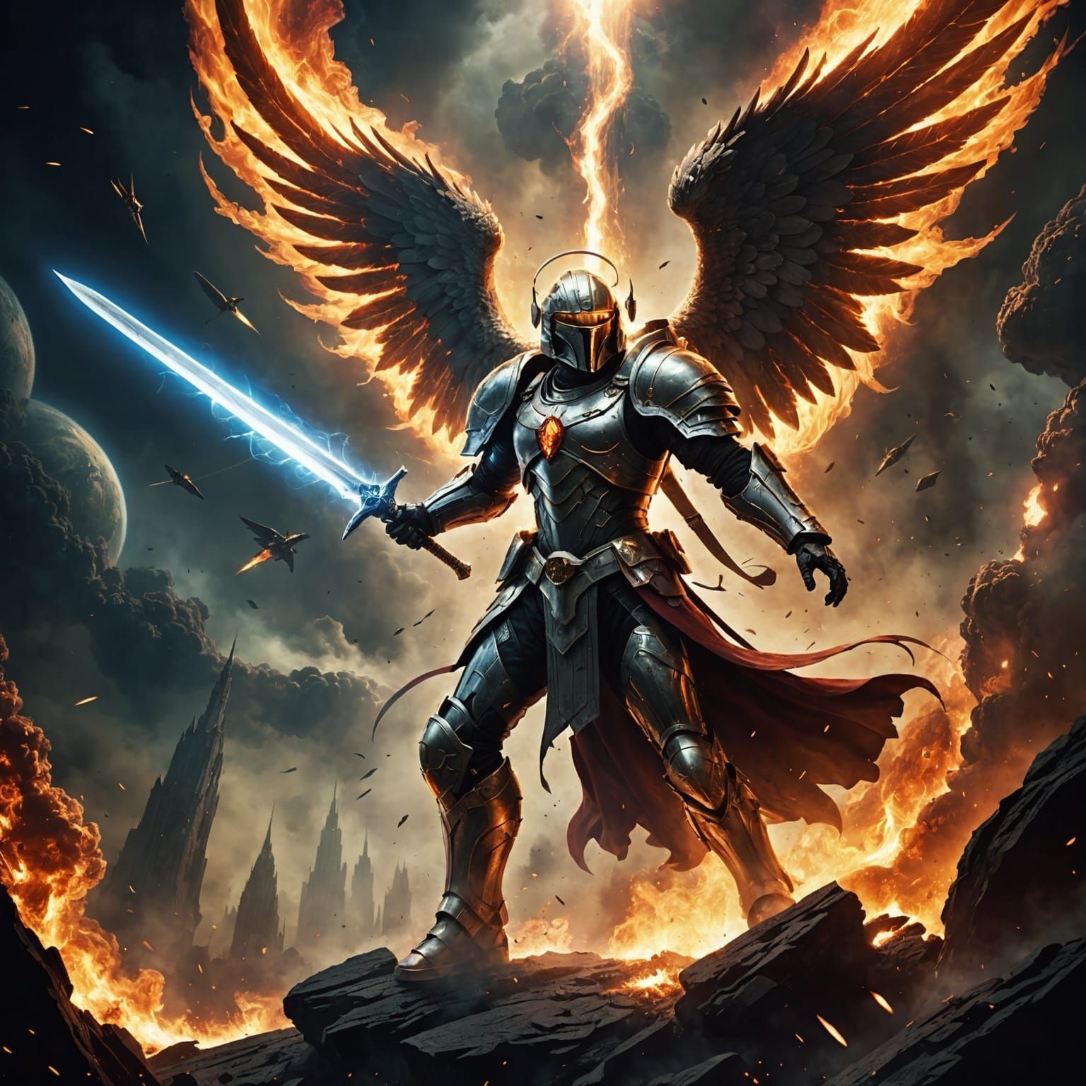 Fiery Earth and Armored Archangel in Space
