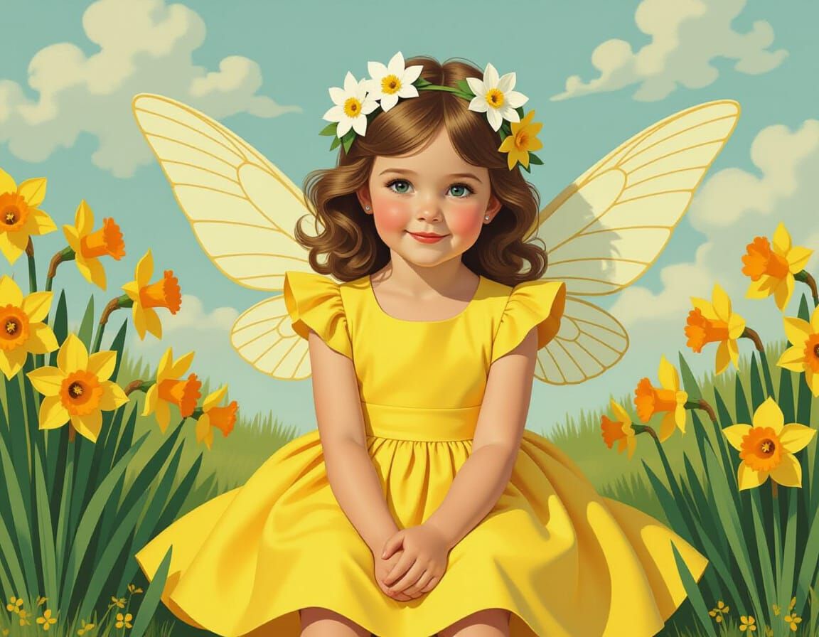 Daffodil Fairy Girl in Whimsical Nostalgic Style