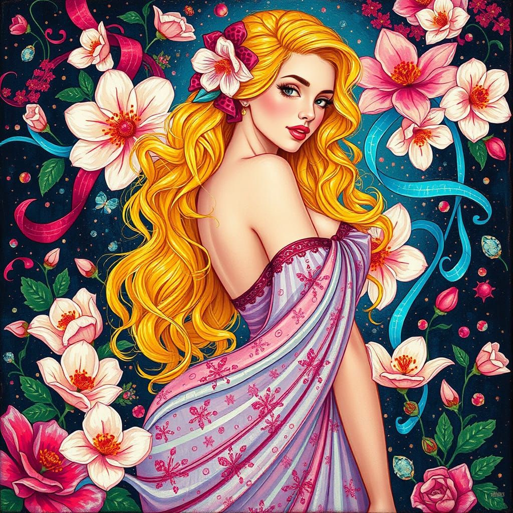 Voluptuous Woman with Ribbons in Pointillist Style